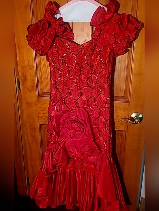 Dave & Johnny Dresses & Skirts - Red Ruffled Floral Appliqué Evening Gown By Dave & Johnny Size 7-8
